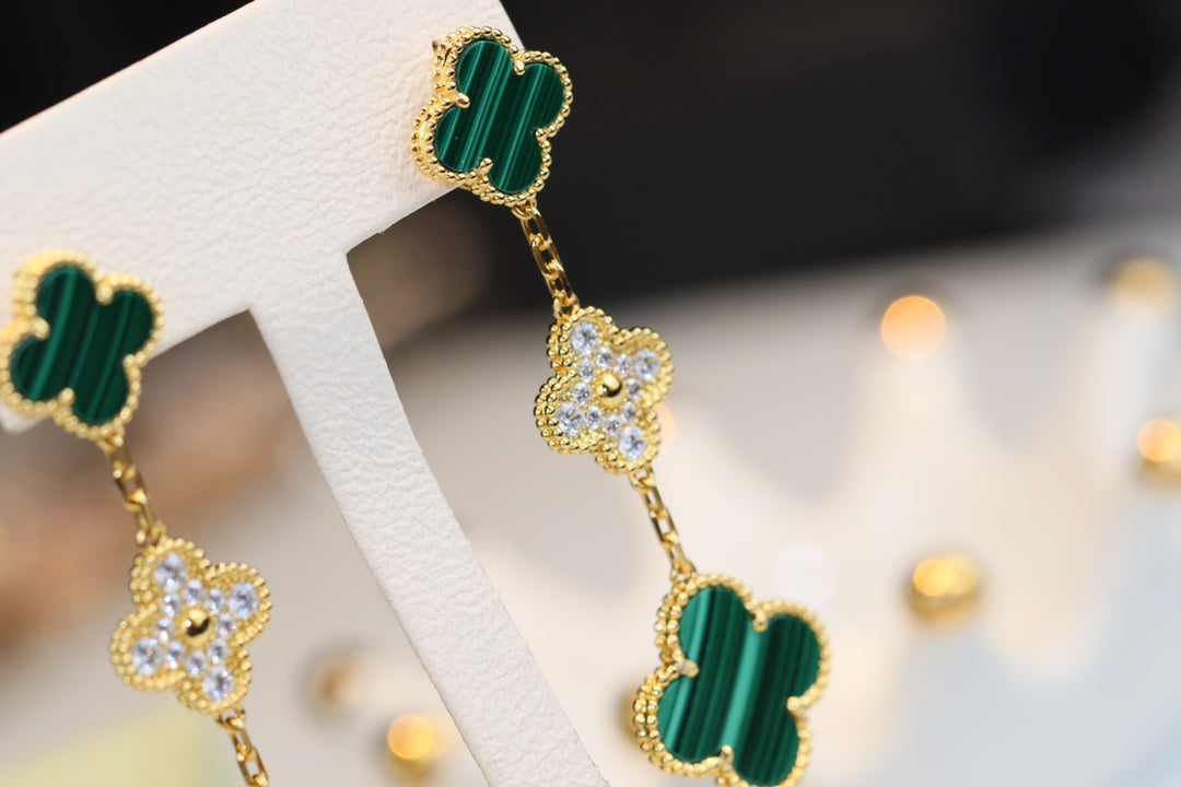 [⭐Veyra]CLOVER EARRINGS GOLD MALACHITE DIAMOND 3 MOTIF