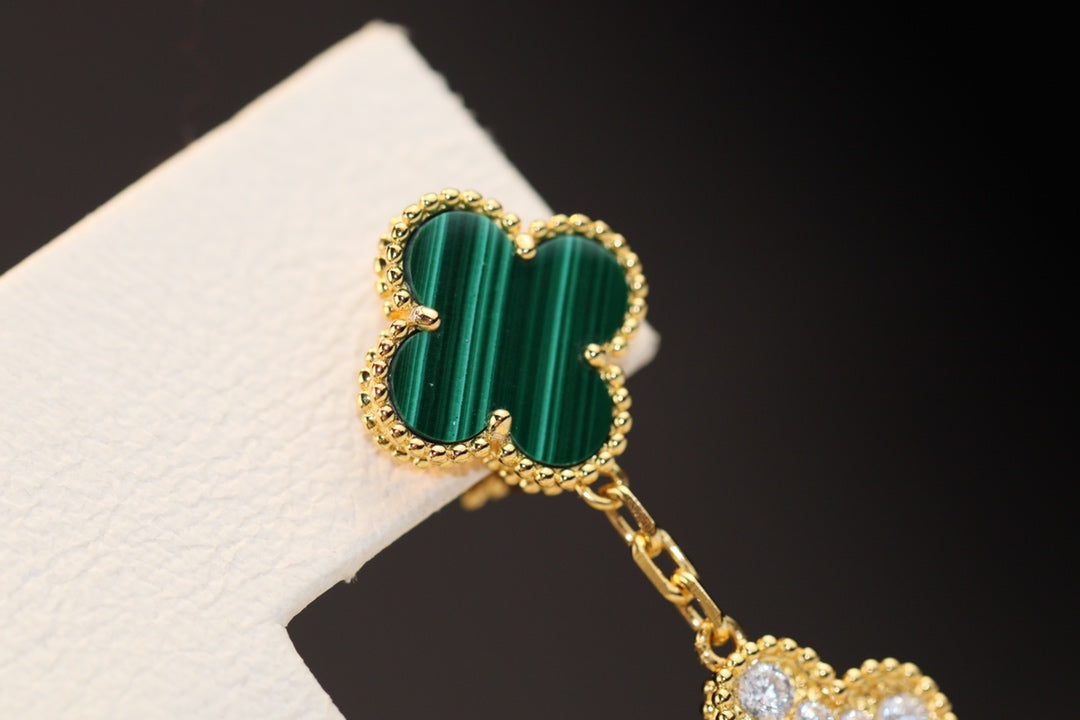 [⭐Veyra]CLOVER EARRINGS GOLD MALACHITE DIAMOND 3 MOTIF