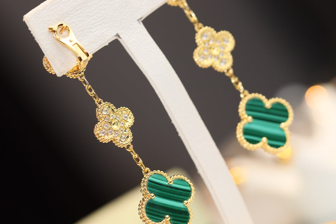 [⭐Veyra]CLOVER EARRINGS GOLD MALACHITE DIAMOND 3 MOTIF