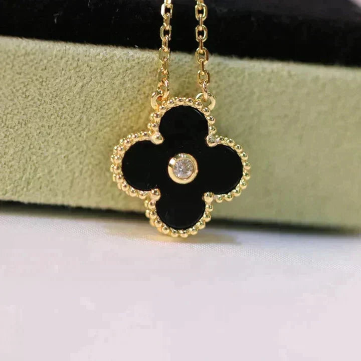 [⭐Veyra]CLOVER 15MM DIAMOND ONYX NECKLACE