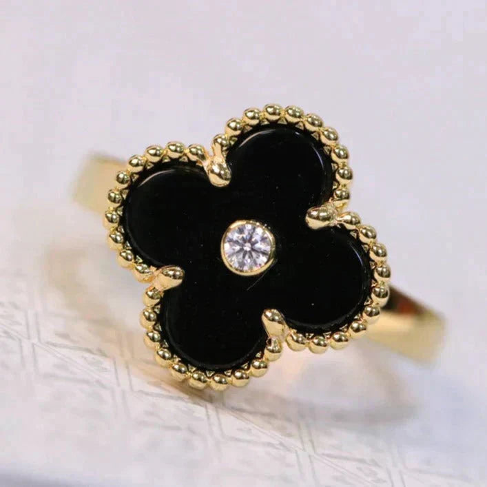 [⭐Veyra]CLOVER ONYX RING GOLD DIAMOND