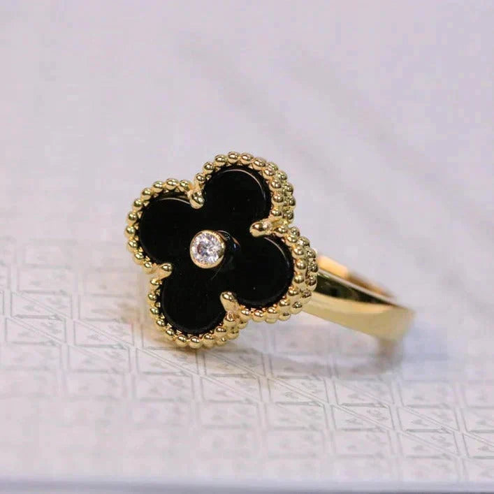 [⭐Veyra]CLOVER ONYX RING GOLD DIAMOND
