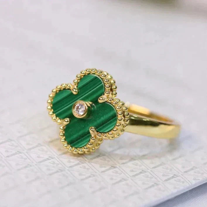 [⭐Veyra]CLOVER MALACHITE RING GOLD DIAMOND