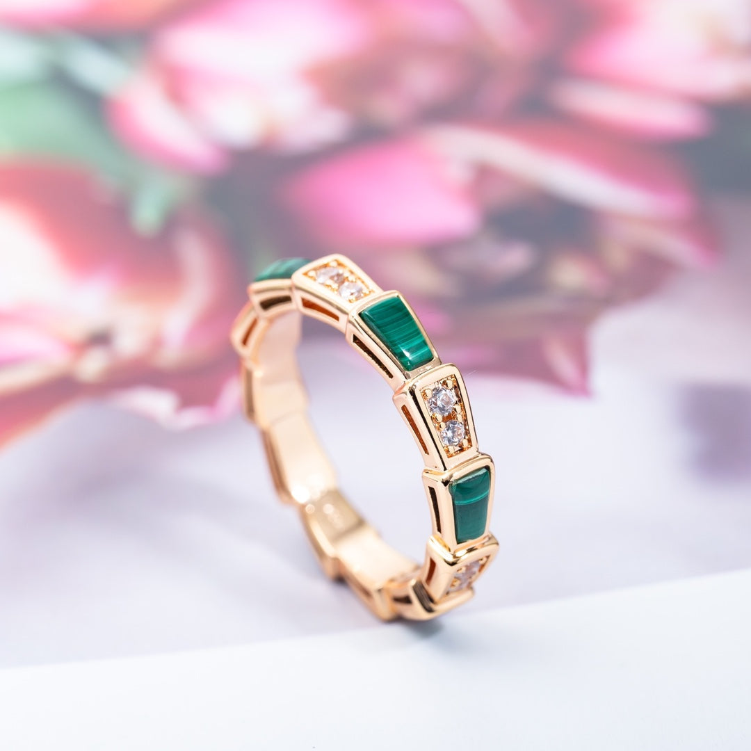 [⭐Veyra]SERPENTI RING PINK GOLD MALACHITE DIAMOND 3MM