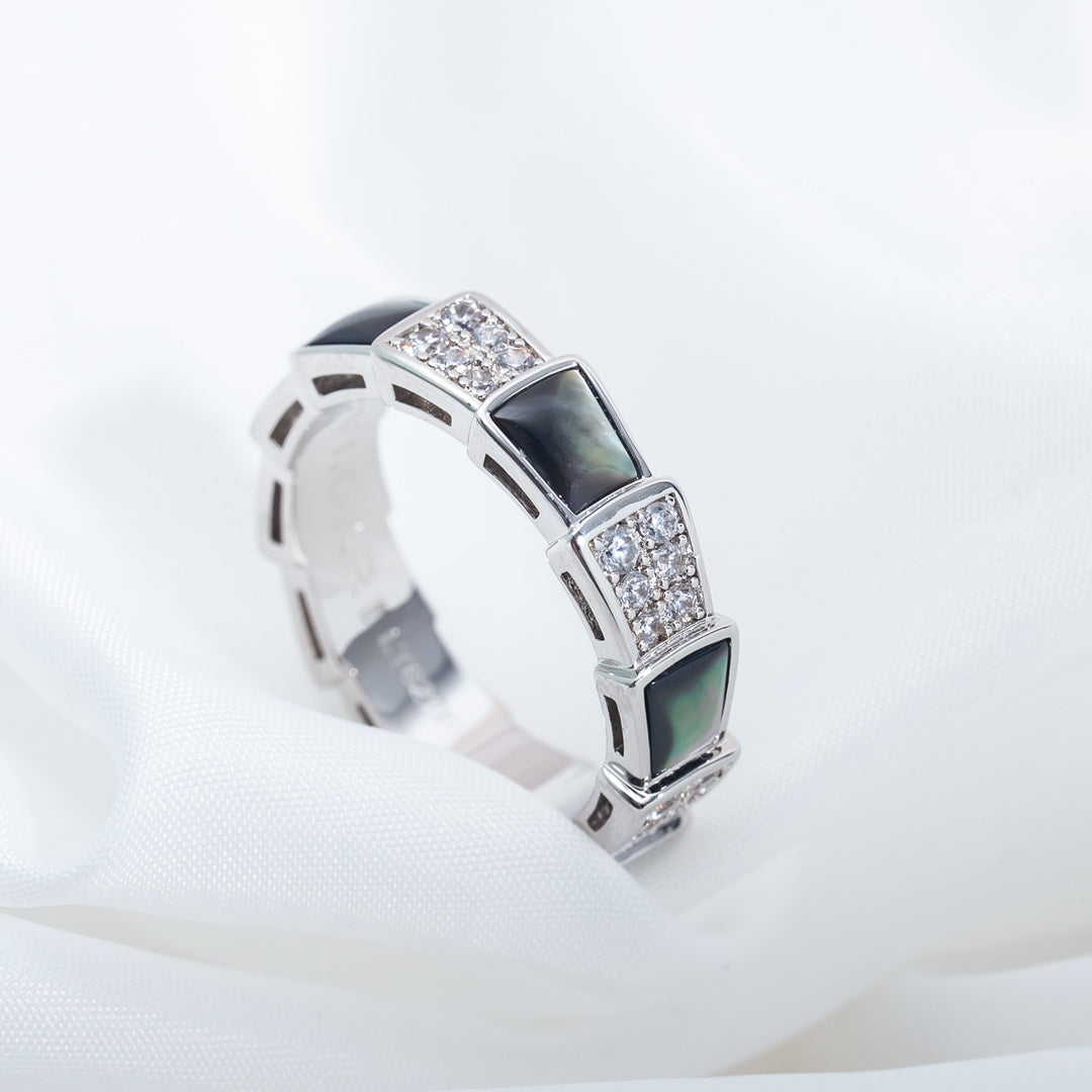 [⭐Veyra]SERPENTI RING SILVER DIAMOND BLACK MOP 4MM