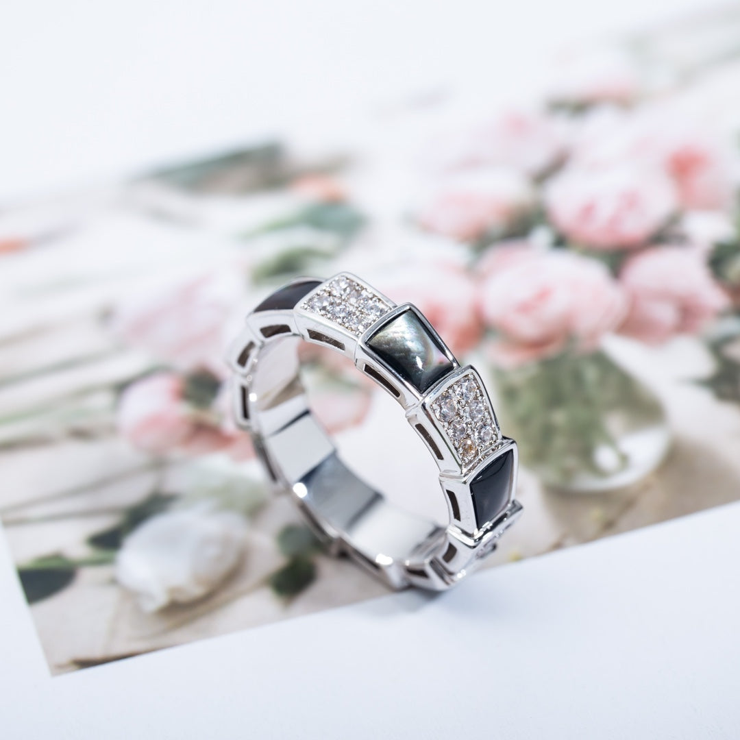 [⭐Veyra]SERPENTI RING SILVER DIAMOND BLACK MOP 4MM