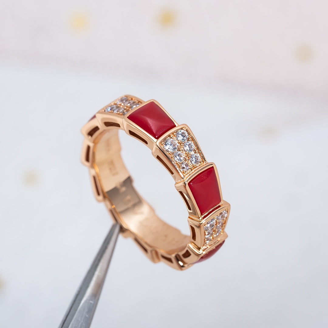 [⭐Veyra]SERPENTI RING PINK GOLD CARNELIAN DIAMOND PAVED 4MM