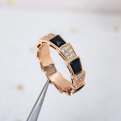 [⭐Veyra]SERPENTI RING PINK GOLD BLACK MOP DIAMOND PAVED 4MM