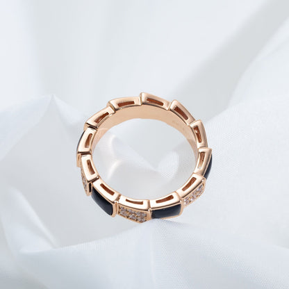 [⭐Veyra]SERPENTI RING PINK GOLD BLACK MOP DIAMOND PAVED 4MM