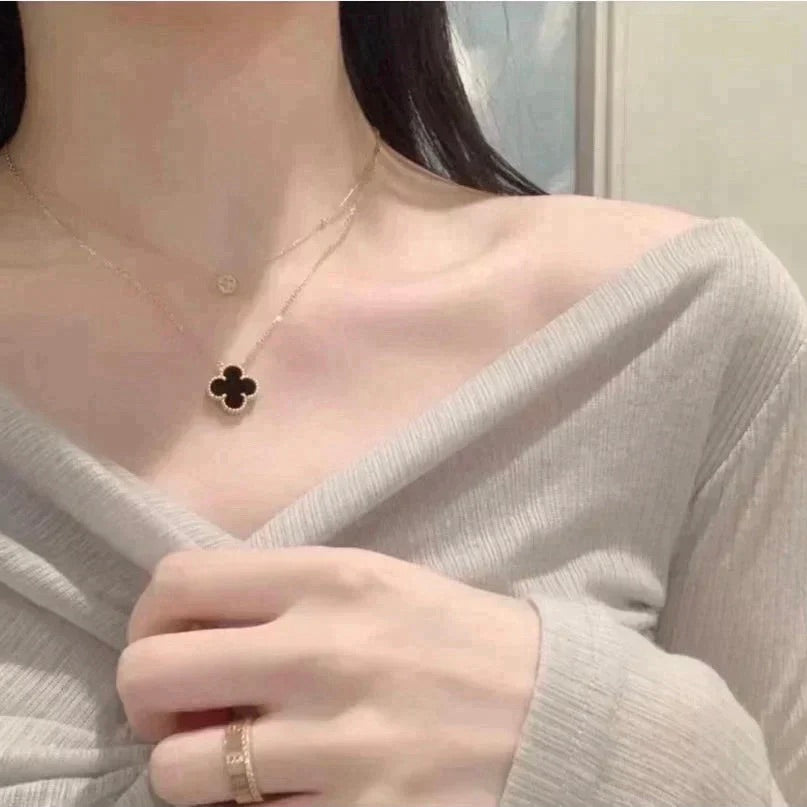 [⭐Veyra]CLOVER 15MM BLACK ONYX SINGLE FLOWER NECKLACE