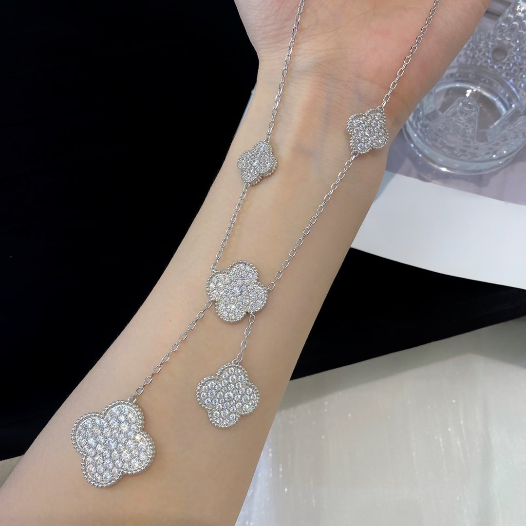 [⭐Veyra]CLOVER 5 MOTIFS SILVER DIAMONDS NECKLACE