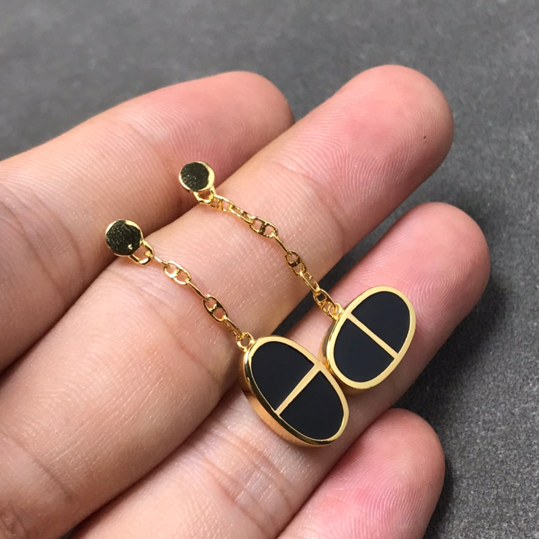 [⭐Veyra]CHAINE VERSO BLACK CERAMIC SILVER EARRINGS