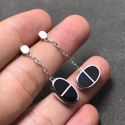 [⭐Veyra]CHAINE VERSO BLACK CERAMIC SILVER EARRINGS