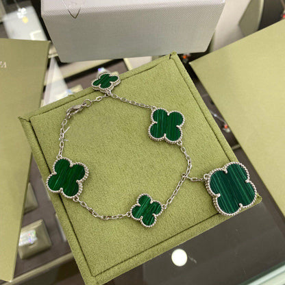 [⭐Veyra]CLOVER 5 MOTIFS SIVLER MALACHITE BRACELET
