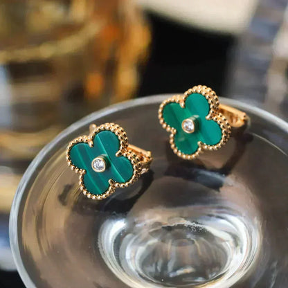 [⭐Veyra]CLOVER MEDIUM 1 MOTIFS MALACHITE DIAMOND EARRINGS