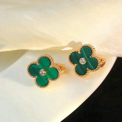 [⭐Veyra]CLOVER MEDIUM 1 MOTIFS MALACHITE DIAMOND EARRINGS