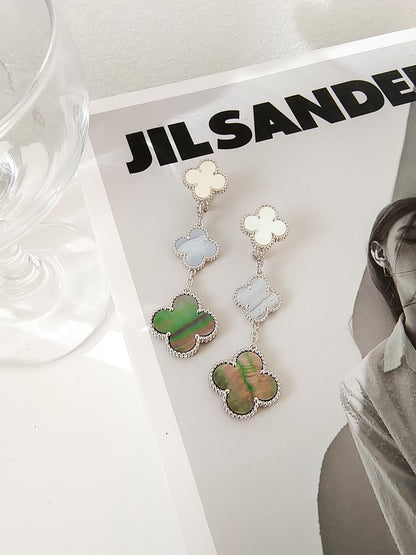 [⭐Veyra]CLOVER 3 MOTIFS CHALCEDONY DARK MOP SILVER EARRINGS