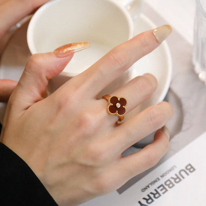 [⭐Veyra]CLOVER CARNELIAN RING ROSE GOLD DIAMOND