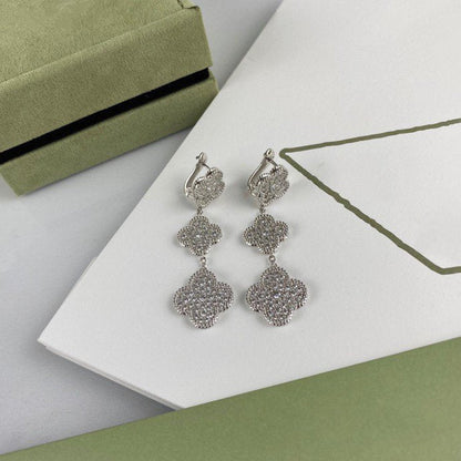 [⭐Veyra]CLOVER 3 MOTIF DIAMOND SILVER DROP EARRINGS