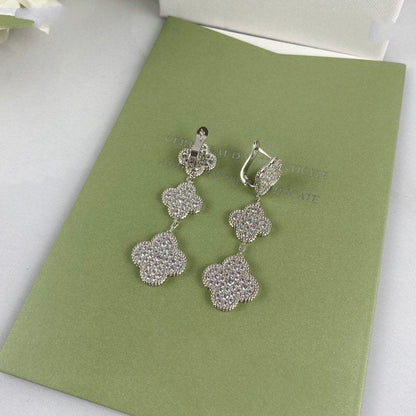 [⭐Veyra]CLOVER 3 MOTIF DIAMOND SILVER DROP EARRINGS