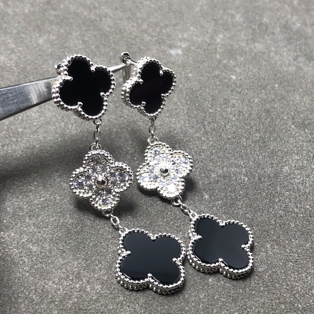 [⭐Veyra]CLOVER 3 MOTIF DIAMOND ONYX SILVER EARRINGS