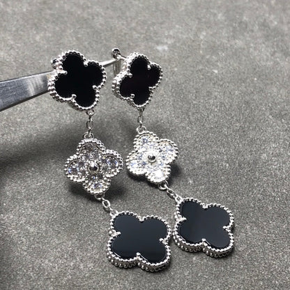 [⭐Veyra]CLOVER 3 MOTIF DIAMOND ONYX SILVER EARRINGS