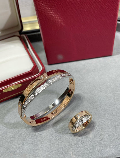 [⭐Veyra]LOVE PINK GOLD SILVER DIAMOND DOUBLE RING