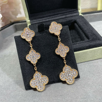[⭐Veyra]CLOVER 3 MOTIFS DIAMOND PAVED ROSE GOLD EARRINGS
