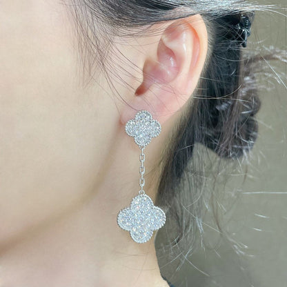 [⭐Veyra]CLOVER 2 MOTIFS DIAMOND PAVED SILVER EARRINGS