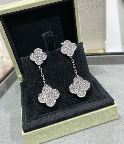 [⭐Veyra]CLOVER 2 MOTIFS DIAMOND PAVED SILVER EARRINGS