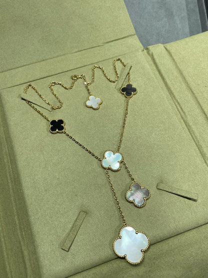 [⭐Veyra]CLOVER 6 MOTIF MOP ONYX GOLD NECKLACE