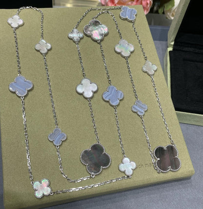 [⭐Veyra]CLOVER 16 MOTIF CHALCEDONY MOP SILVER NECKLACE