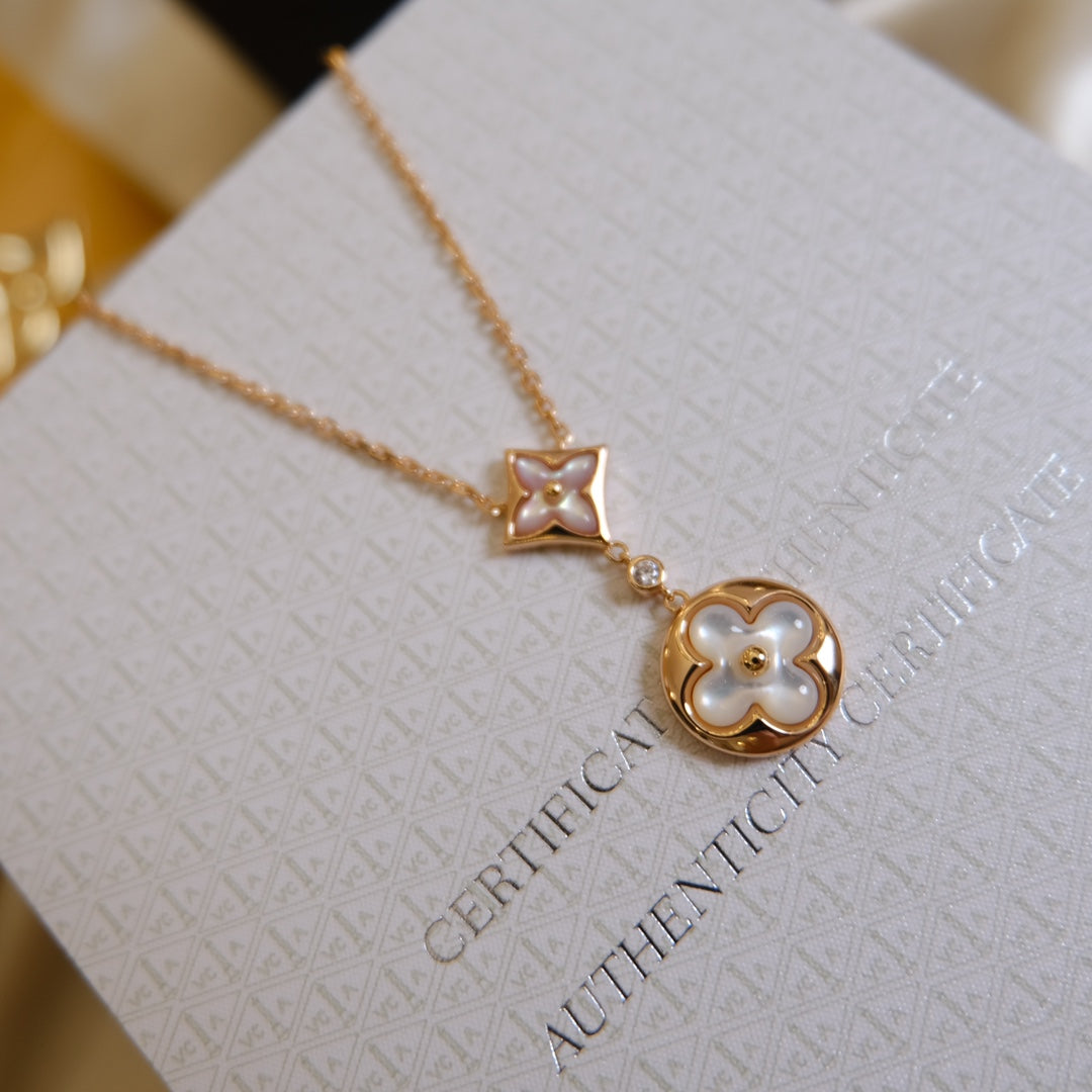 [⭐Veyra]STAR AND SUN WHITE MOP 2 MOTIF PINK GOLD NECKLACE