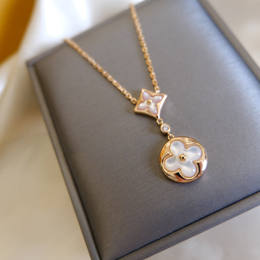 [⭐Veyra]STAR AND SUN WHITE MOP 2 MOTIF PINK GOLD NECKLACE