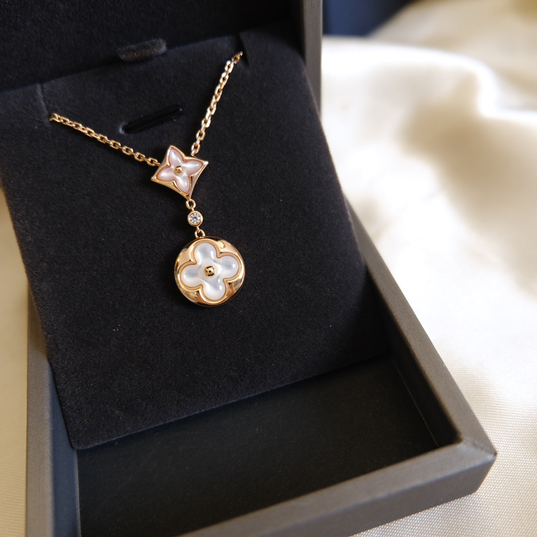 [⭐Veyra]STAR AND SUN WHITE MOP 2 MOTIF PINK GOLD NECKLACE