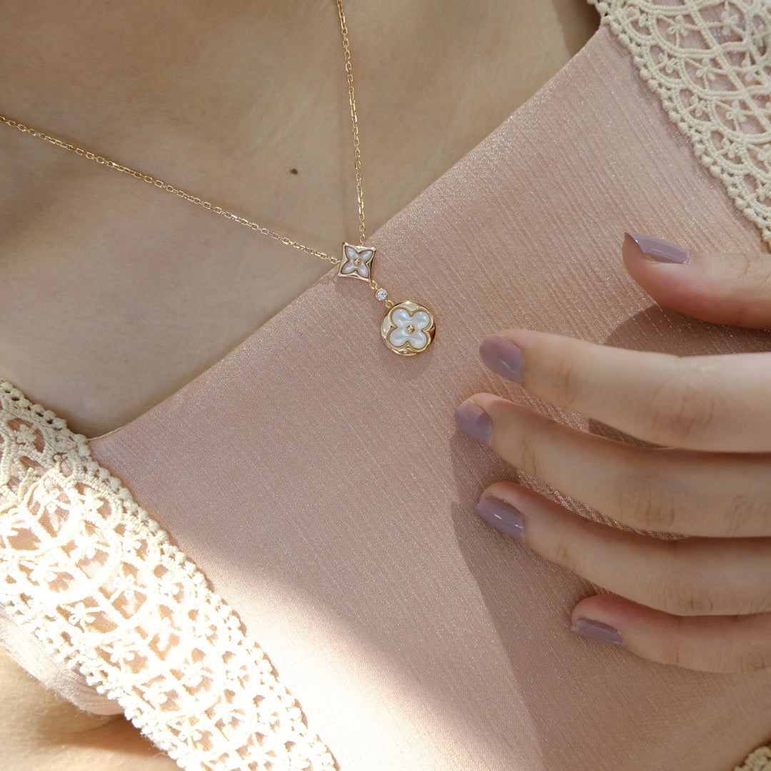 [⭐Veyra]STAR AND SUN WHITE MOP 2 MOTIF PINK GOLD NECKLACE