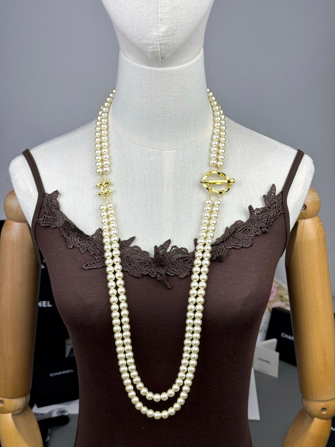[⭐Veyra]25K Pencil Double C Double-Layer Pearl Sweater Chain
