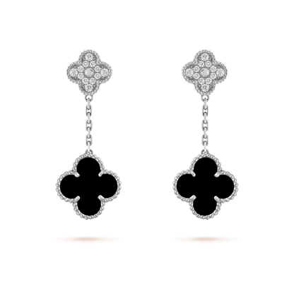 [⭐Veyra]CLOVER 2 MOTIFS  DIAMOND ONYX EARRINGS SILVER