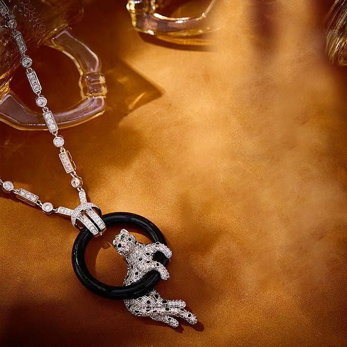 [⭐Veyra jewelrys]NEW BLACK CIRCLE PANTHER FULL DIAMOND NECKLACE