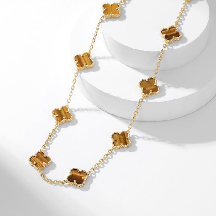 [⭐Veyra]CLOVER 10 MOTIFS TIGER EYE NECKLACE