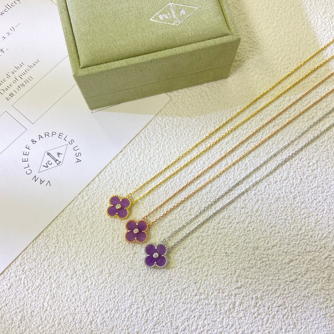 [⭐Veyra Jewelry]CLOVER 15MM DIAMOND  PURPLE VIOLET NECKLACE