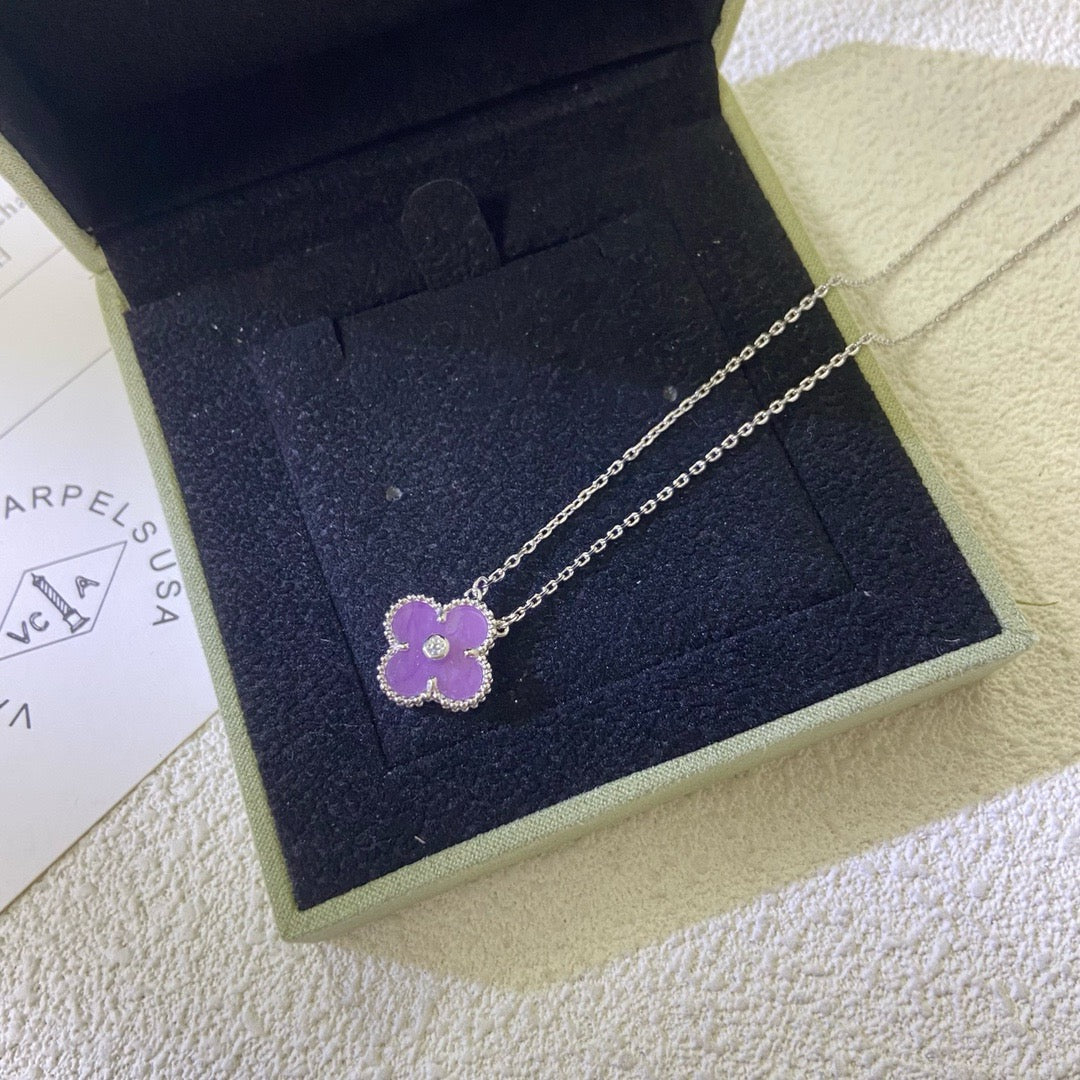 [⭐Veyra Jewelry]CLOVER 15MM DIAMOND  PURPLE VIOLET NECKLACE