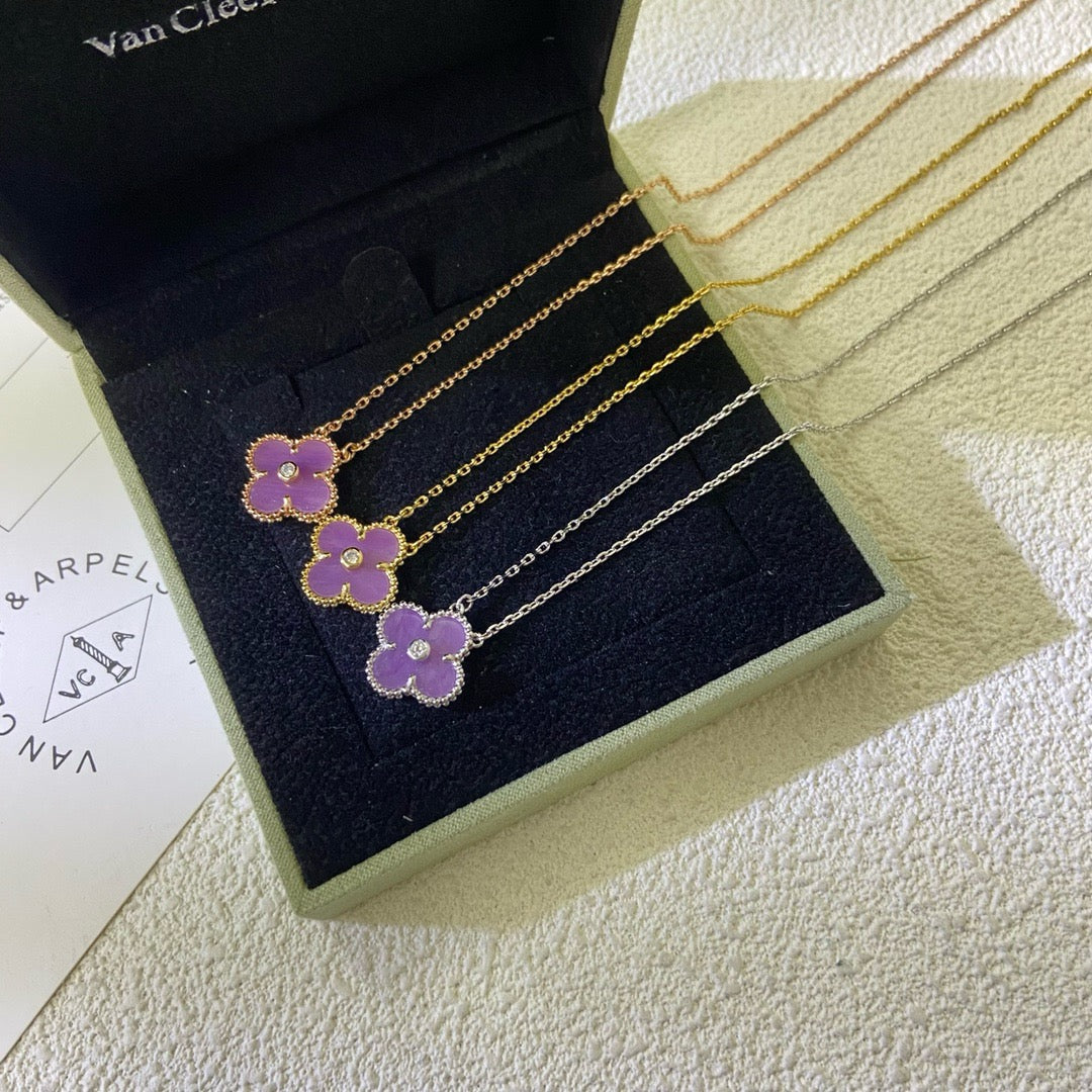 [⭐Veyra Jewelry]CLOVER 15MM DIAMOND  PURPLE VIOLET NECKLACE
