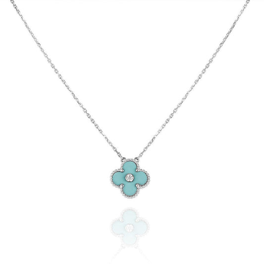 [⭐Veyra]CLOVER 1 DIAMOND LIGHT BLUE SILVER NECKLACE