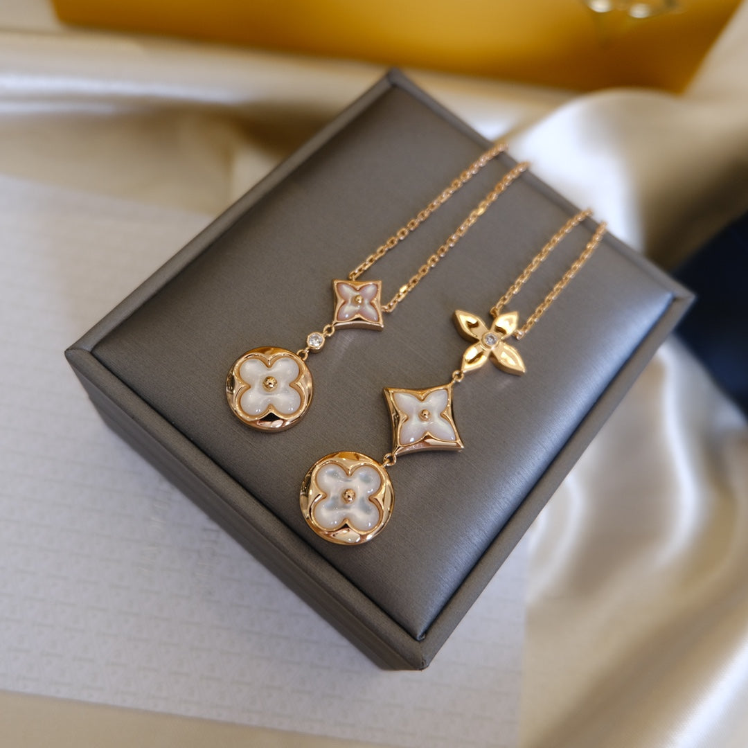 [⭐Veyra]COLOR BLOSSOM LARIAT NECKLACE PINK GOLD WHITE MOTHER PEARL AND DIAMOND