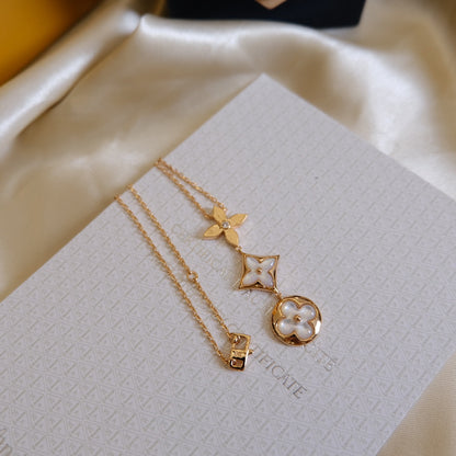 [⭐Veyra]COLOR BLOSSOM LARIAT NECKLACE PINK GOLD WHITE MOTHER PEARL AND DIAMOND